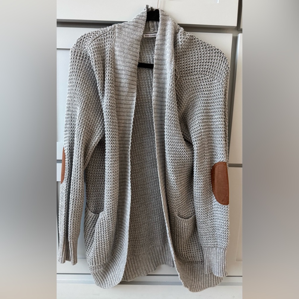 Cozy Gray Open-Front Sweater with Elbow Patches